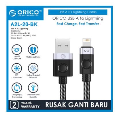 Cable charger Usb A to lightning orico 2m 200cm 12w 2.4A 480Mbps fast charging aluminum braided A2L-15 - Kabel data iphone ipad 2 meter