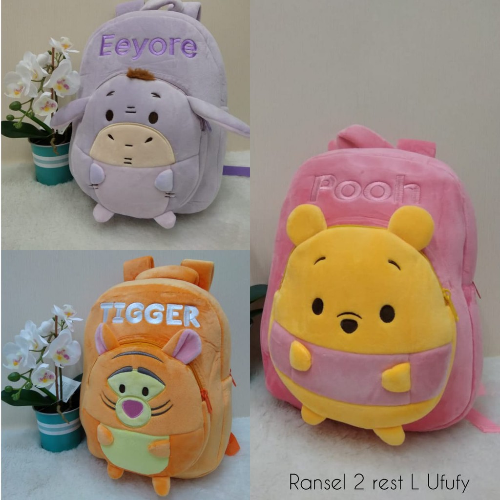 Toysopedia Tas Ransel 2Resleting Ufufy Pooh Mickey Minnie Pooh Gajah Dumbo /Backpack Anak TK SD/Tas Sekolah Karakter