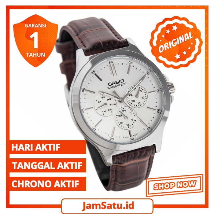 JAM TANGAN PRIA CASIO ORIGINAL STRAP KULIT COKLAT CHRONO AKTIF MODEL CLASSIC KANTOR COWOK