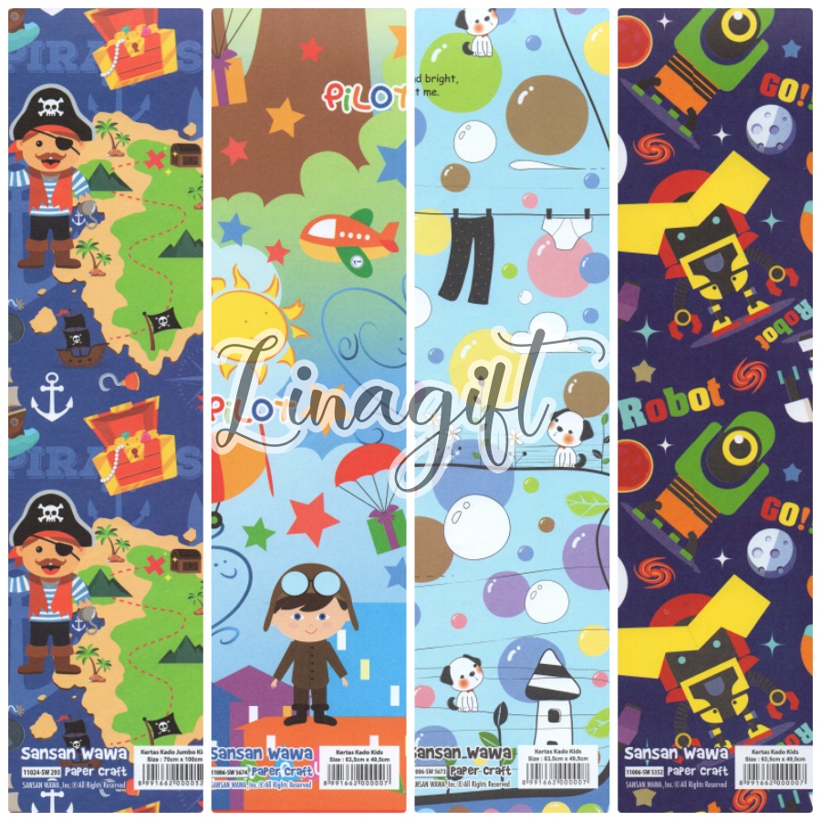 ( 5 Lembar ) BIRTHDAY BOYS SANWA - KERTAS KADO ROBOT - GIFT WRAP PAPER SANSAN WAWA PIRATES BAJAK LAUT PILOT PLANES CUTE