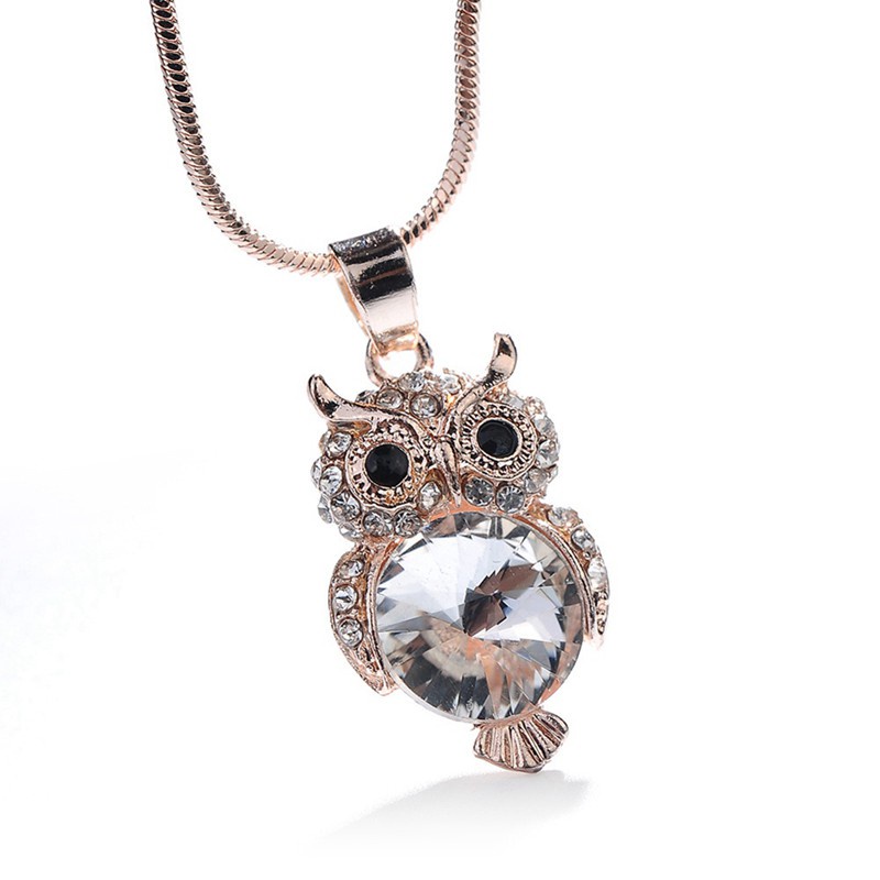 Rose Gold Color Fashion Snake Chain Crystal Gemstone Necklace Sweater Jewelry Fashion Small Cute Owl Bird Pendant