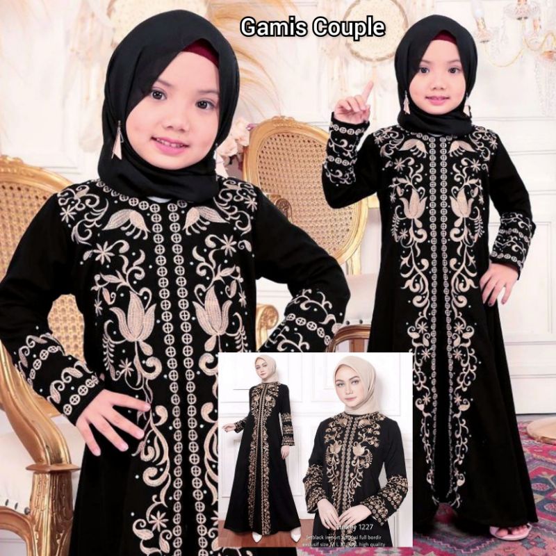 Gamis Abaya Arab India Dubai Turkey Couple Ibu Dan Anak Perempuan Putih Kombinasi Bordir Hitam Gold 