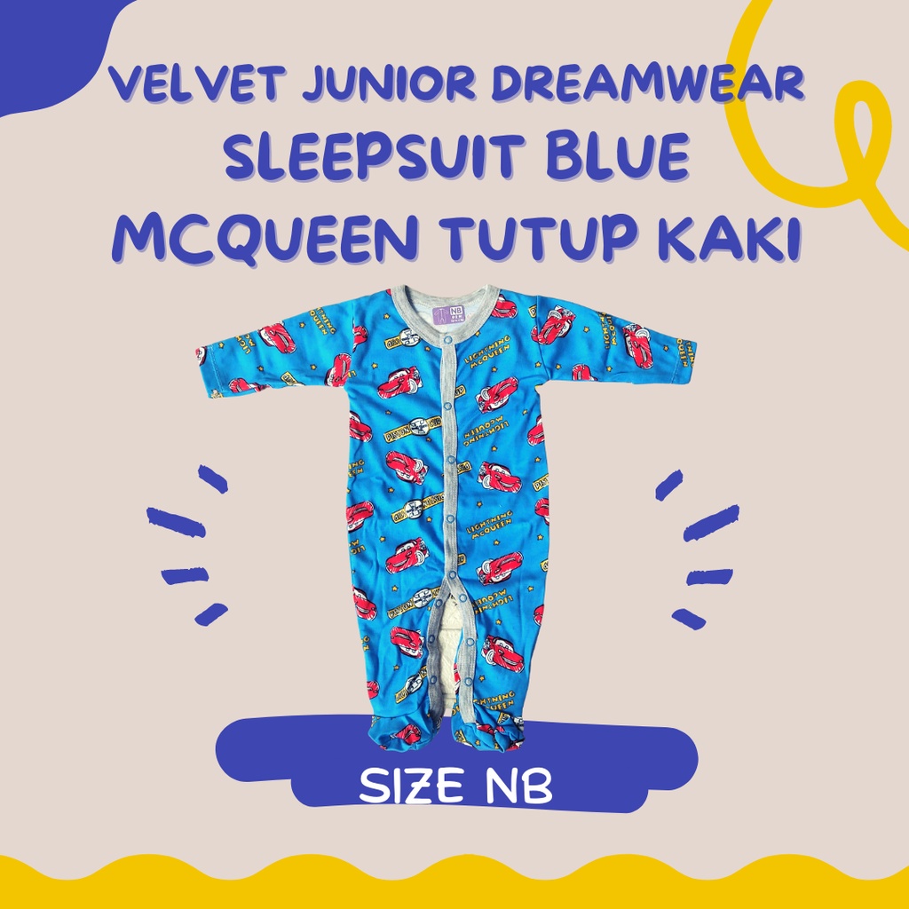 TUTUP Kaki BLUE MCQUEEN size NB Sleepsuit VELVET DREAMWEAR NB S M L BOY &amp; GIRL TERTUTUP sleep suit dream wear new born