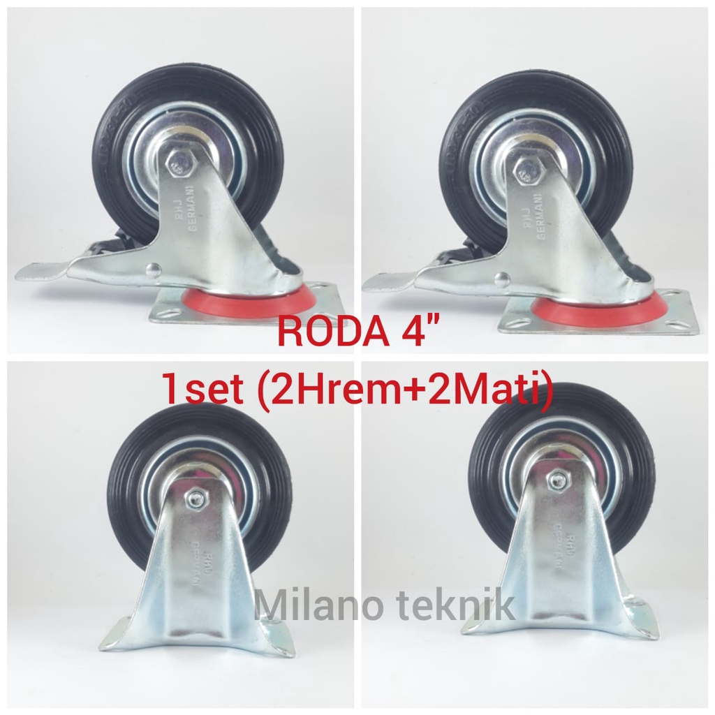 Roda troli 4&quot; inch isi 4=2 hidup rem+2mati / roda karet 4 inch