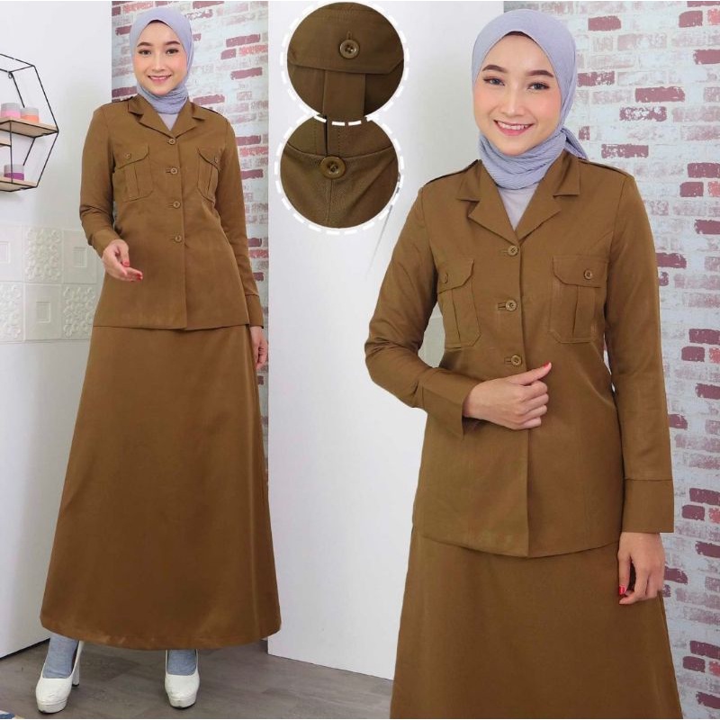 BAJU PEMDA SERAGAM DINAS PEMDA BAJU PNS DAN ASN FREE HIJAB  WARNA KHAKY COKLAT KANTONG ATAS ROK A