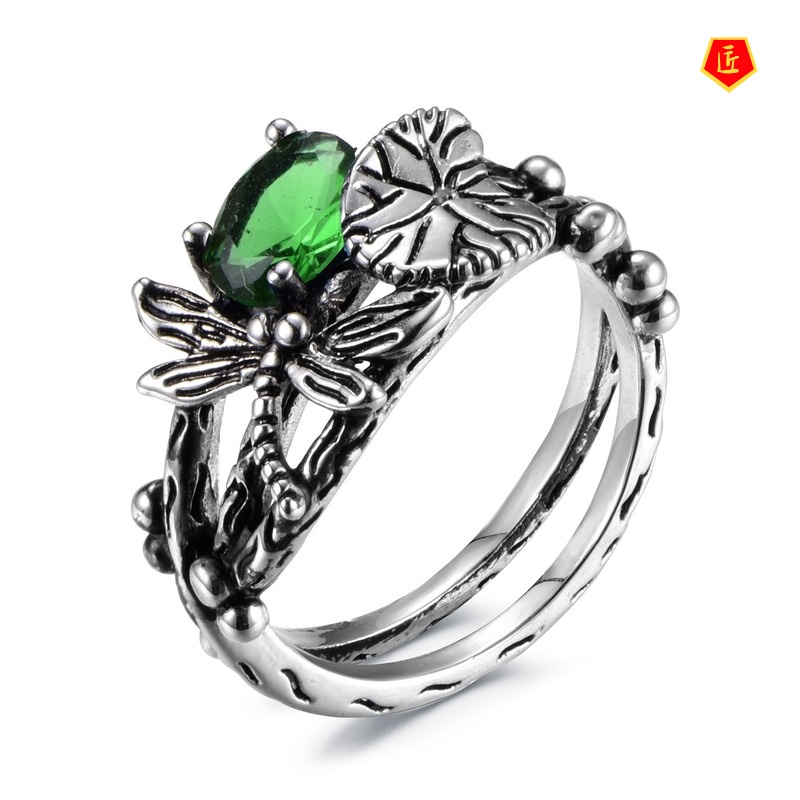 [Ready Stock]Creative Dragonfly Lotus Ring Women's Retro Silver Inlaid Topaz