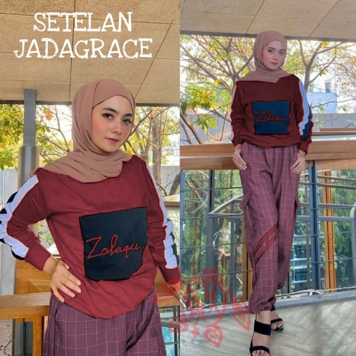 Baju Setelan Wanita Kekinian Fashion Perempuan Terbaru Satu Set Baju Celana Casual Muslim Zola Kotak Jadagrace