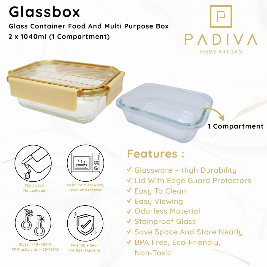 Padiva 1040ml Gold (2pcs) Crystal Glassbox 1 compartment (GBC1040SG)