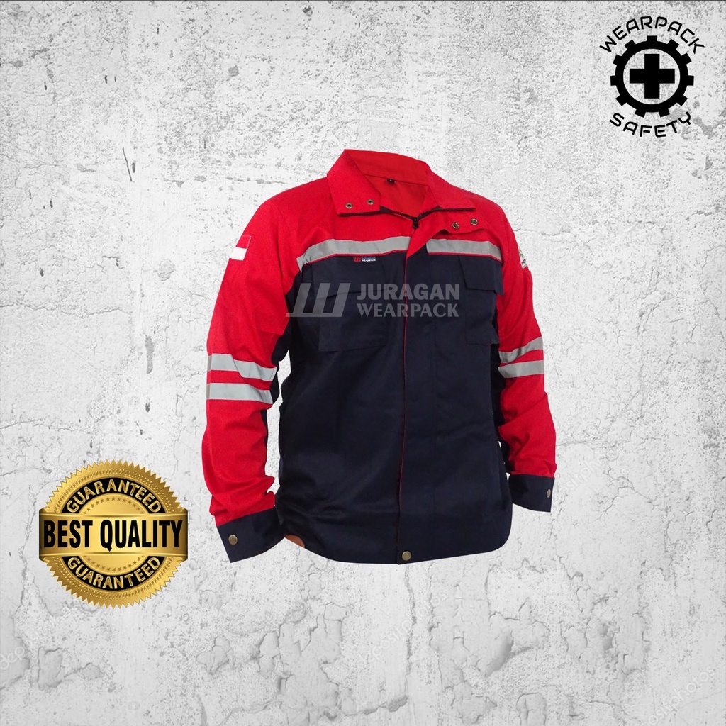 Wearpack Safety Semi Jaket / Wearpack Kerja Warna Merah Kombinasi Biru Navy