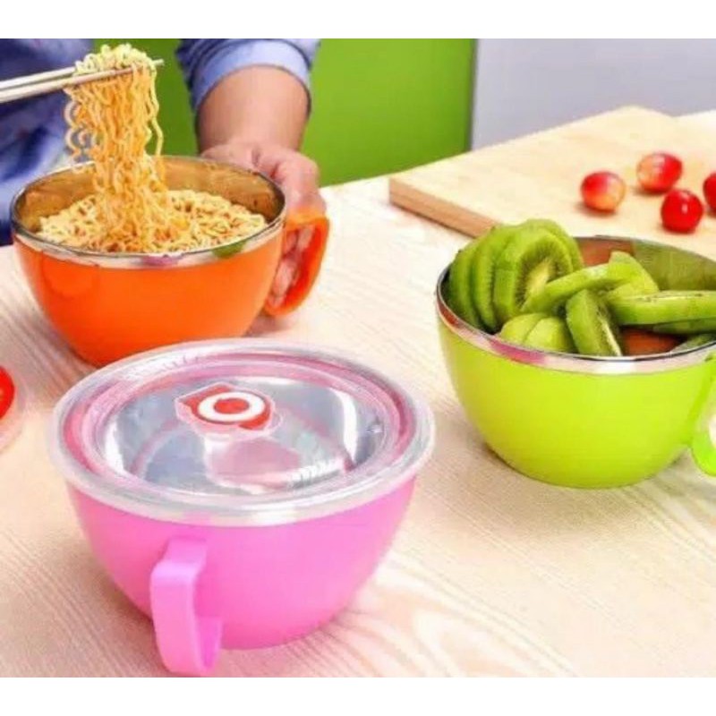 Mangkok Indomie Stainless Steel Anti Panas Korean Artight Bowl Free Tutup Silicon Mangkok Mie