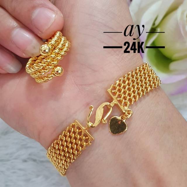 Gelang and cincin kadar sepuhan 24karat dan lapis kristal, warna kuning emas 24k.ORI