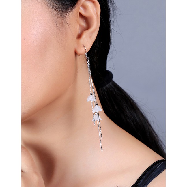 LRC Anting Gantung Fashion Silver Acrylic Flower Tassel Earrings F94053