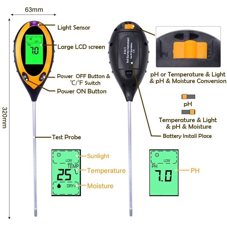 Digital Soil Analyzer Tester 3 4 in 1 Meter Alat Ukur pH Tanah Analyzer Temperature Sunlight Intensity Measurement