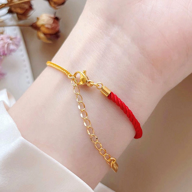 Gelang Titanium Wanita anti karat dan anti luntur 18k Emas fu tali merah keberuntungan Cina