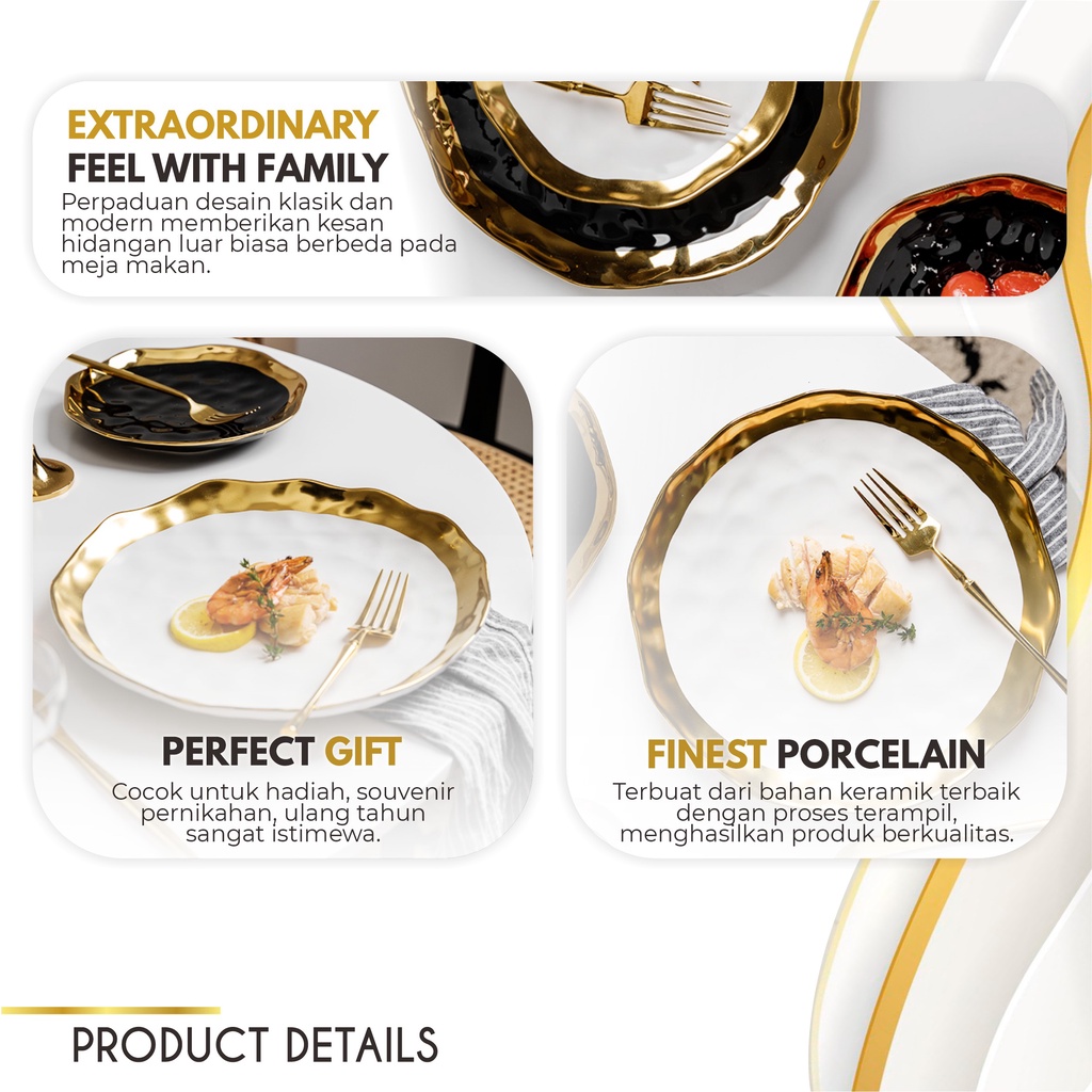 European Style Gold Piring Rim Matte Plate Makan Keramik Salad Fine Dining Cantik Ceramic Mewah