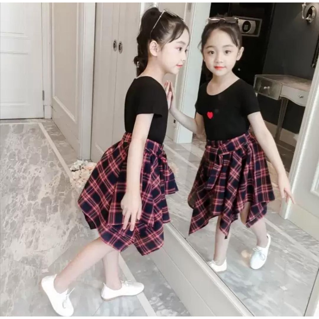 Promo !! Setelan bestseller anak cewek / setelan love twist tartan ukuran 1-3tahun / Setelan baju anak import