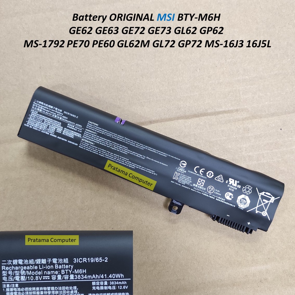 Battery Baterai MSI BTY-M6H GE62 GE63 GE72 GE73 GL62 GP62 MS-1792 PE70 PE60 GL62M GL72 GP72 MS-16J3 16J5L Original