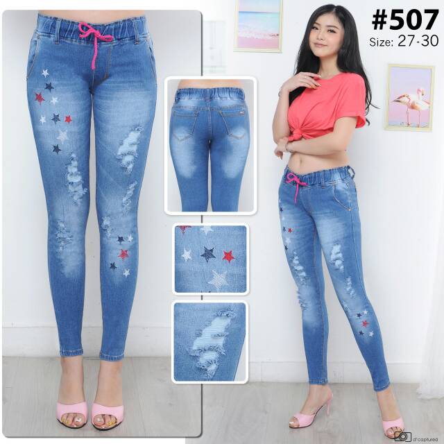 Celana Jeans Sobek Bordir / Celana Jeans Pinggang Karet Sobek Bordir / Celana Panjang Wanita / Lepis