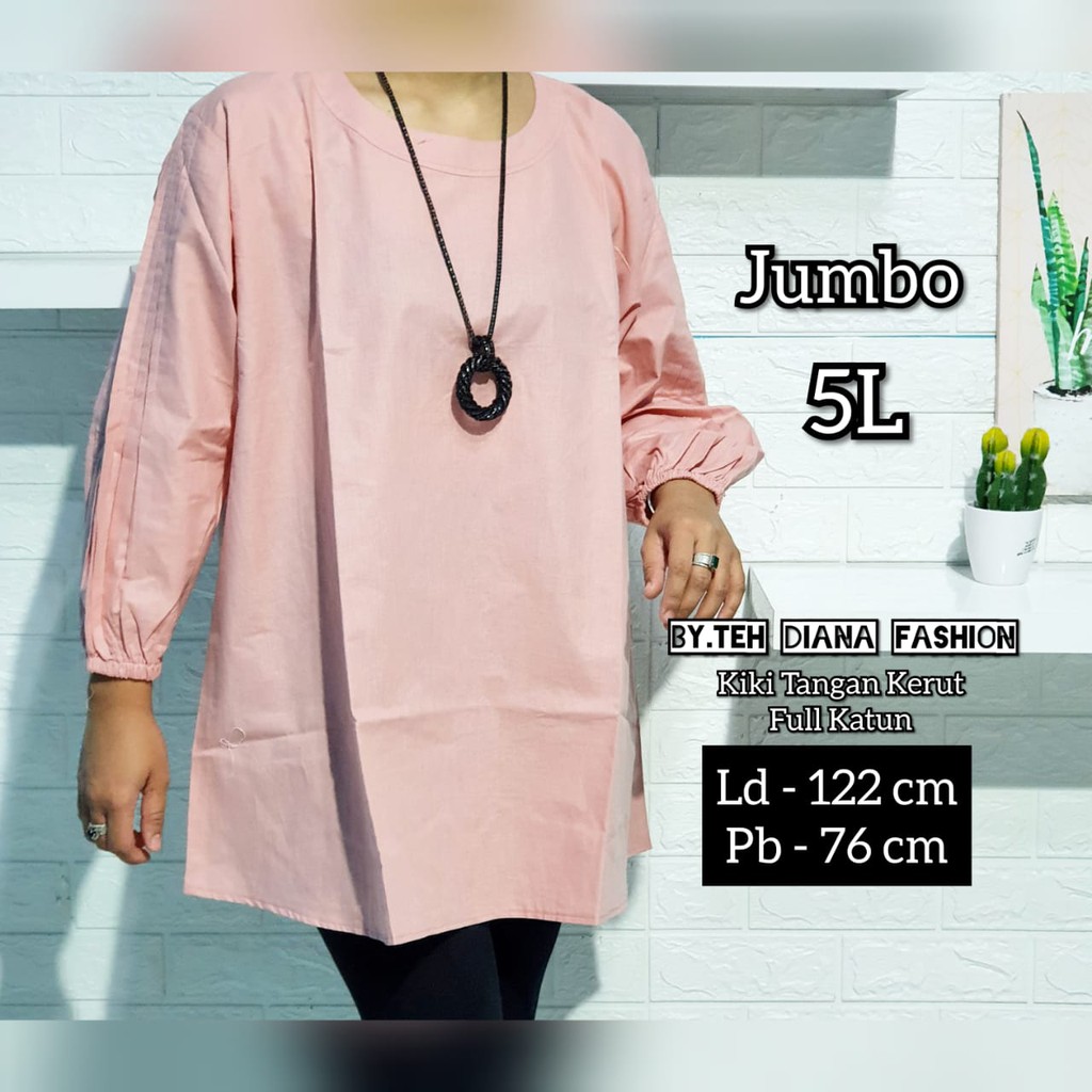 Baju Atasan Wanita Jumbo / Blouse Wanita Jumbo / Atasan Wanita Jumbo Model Kiki Tangan Kerut Full Katun Ld 122-Pink