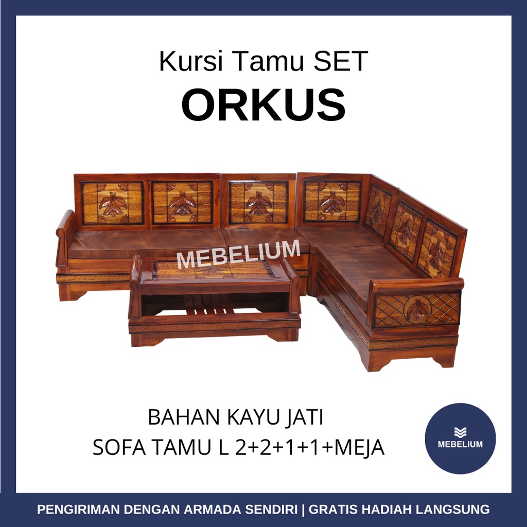 Kursi Sofa Kayu Jati L Set Ukir Orkus FREE Meja Kaca & Jok Original Kursi Tamu Madura [Mebelium]