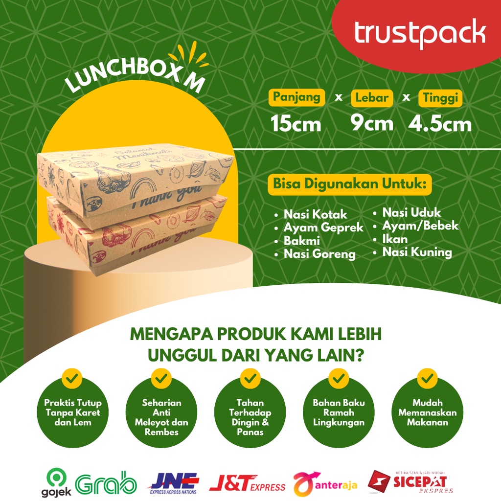 PAPER LUNCH BOX SIZE M&amp;L MOTIF KRAFT LAMINASI KOTAK TAKEAWAY  EKONOMIS