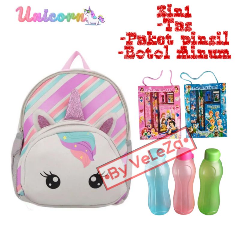 Tas ransel troli anak karakter unicorn gratis paket pinsil botol minum - tas anak - tas ransel anak - tas troli