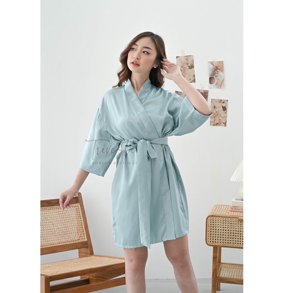 Trivesta Robes - Basic Robe Dusty Green - Kimono Robe Bridesmaid Satin + Free Bordir (Tulisan Bebas Bisa Nama)