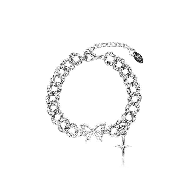 Gelang Rantai Tebal Desain Kupu-Kupu Salib Aksen Berlian Gaya Punk Hip Hop Bahan Metal