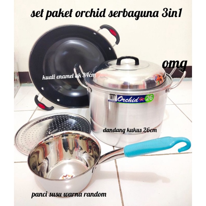 Paket Set Panci Orchid 3in1 (Kuali + Dandang Kukus + Panci Masak Mie) / Paket Komplit Panci Set Orch