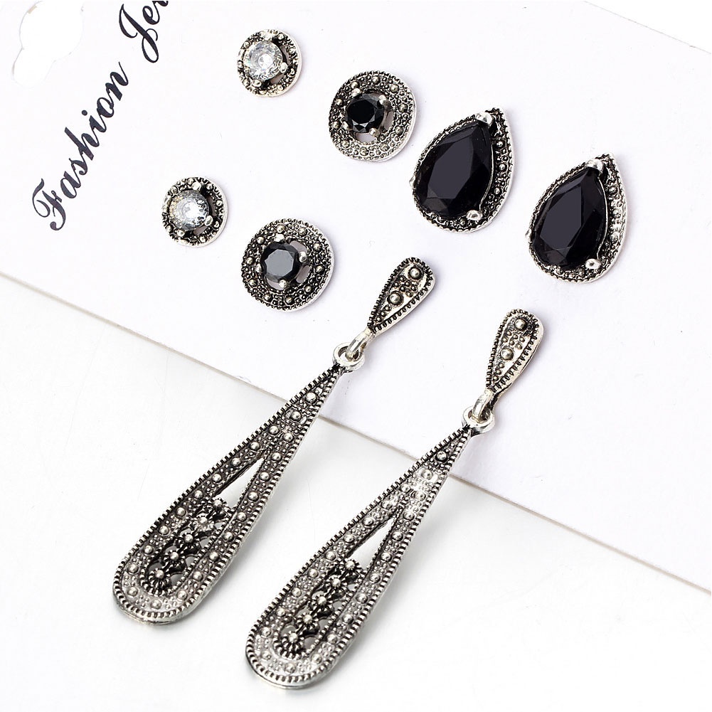 Set 4 Pasang Anting Stud Cubic Zirconia Bentuk Bulat Gaya Bohemian Untuk Wanita