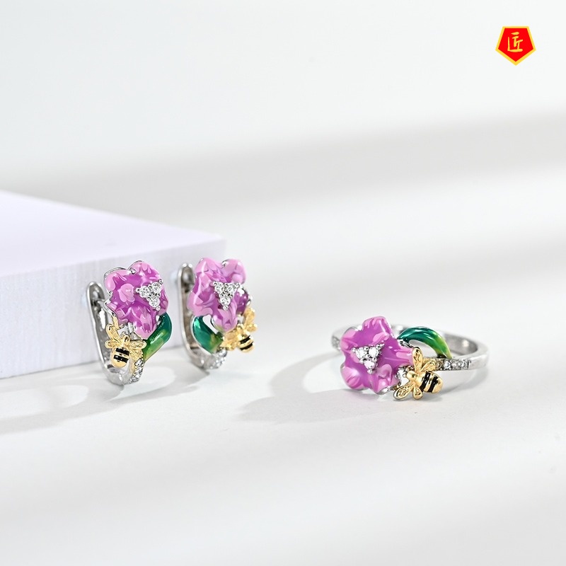 [Ready Stock]Bee Two-Tone Earrings Pink Flower Rhinestone Necklace Set for Women