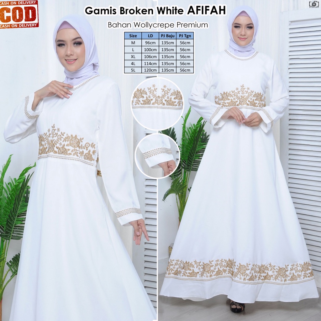Gamis Syari Bordir Mewah Elegan Modern Warna Broken White Kekinian Jumbo | Busana Muslim Wanita Dewasa Terbaru 2022 Putih Lebaran Acara Pesta Kondangan Afifah-2