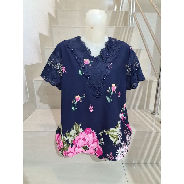 Blouse Brukat Bunga Renda Combi Brukat Impor XL-2XL-50 - Navy Ld 102