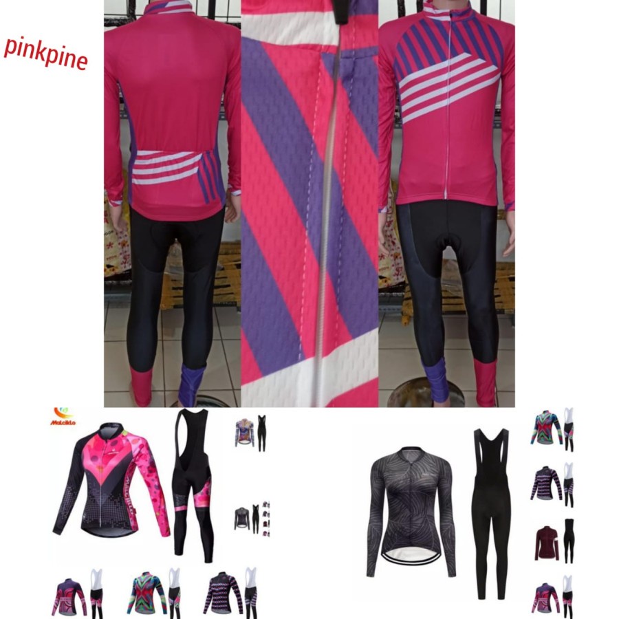 CYCLING SET JERSEY SEPEDA BIB LENGAN CELANA PANJANG WOMAN WANITA BAJU - PINKPINE SIZE L