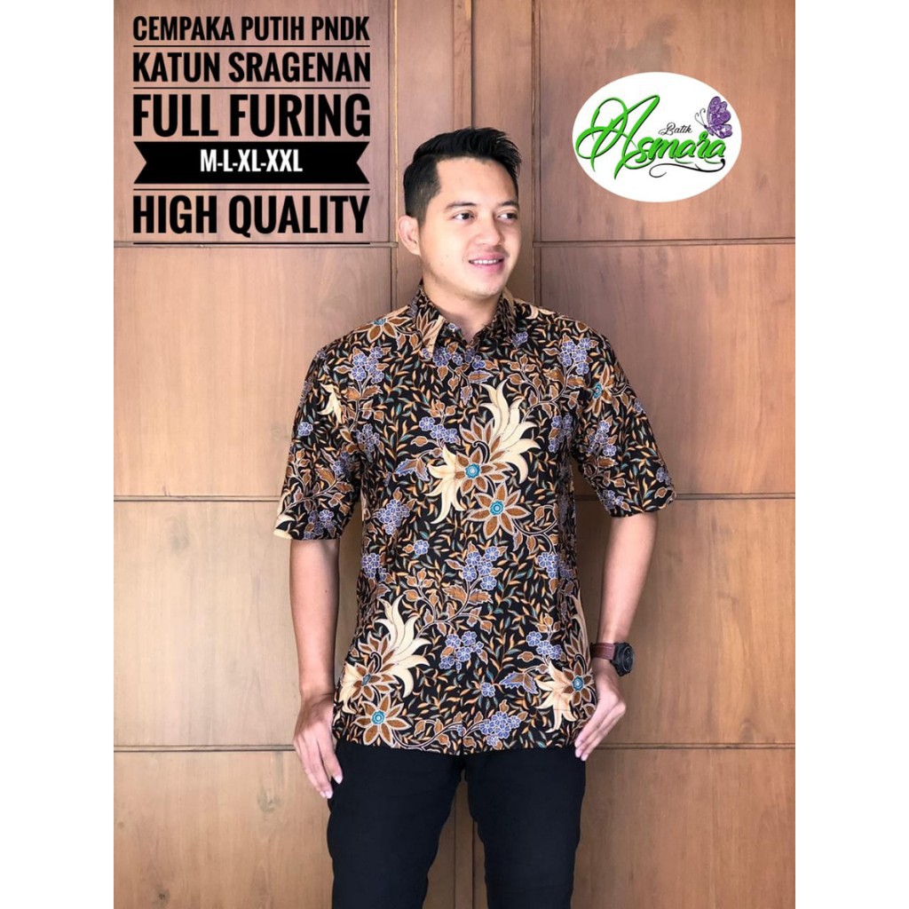 Batik Solo CEMPAKA PUTIH PENDEK Kemeja Pria Katun Halus Sragenan Full Furing