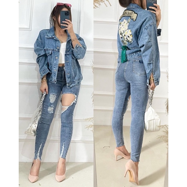 Jaket jeans Semi Crop Bordir flower bunga boyish hype best premium import bangkok bkk