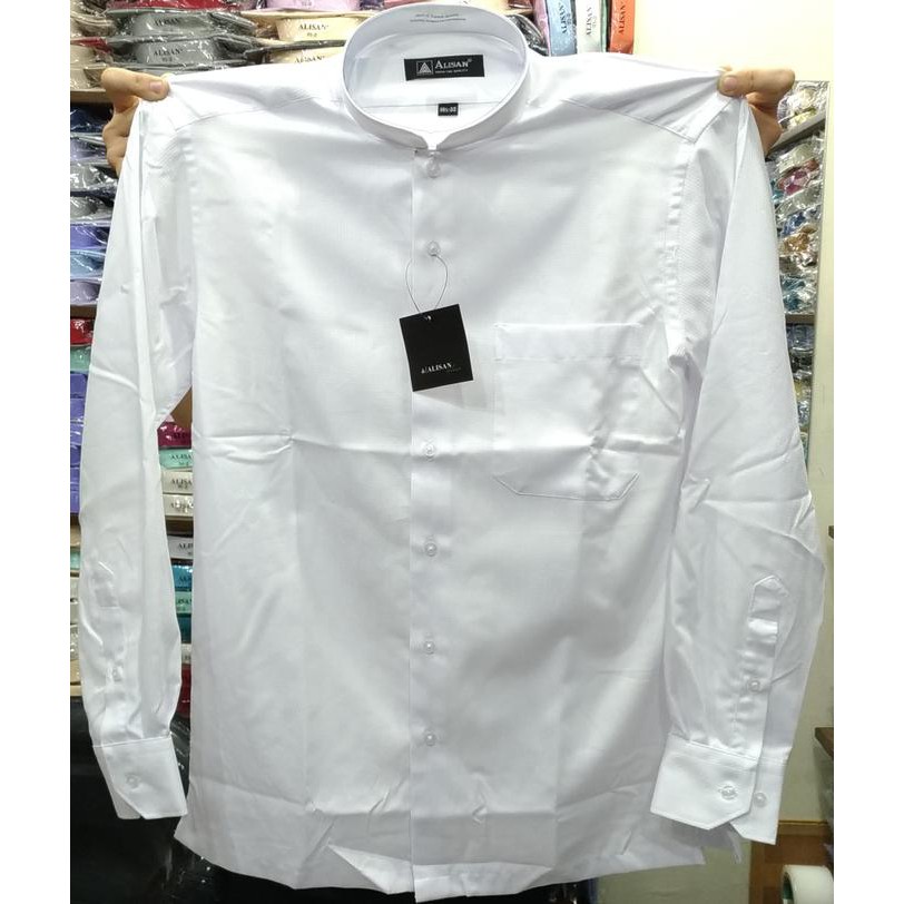 Kemeja Pria Koko Alisan Panjang Kerah Shanghai Putih Dobby Milard I1 Promo