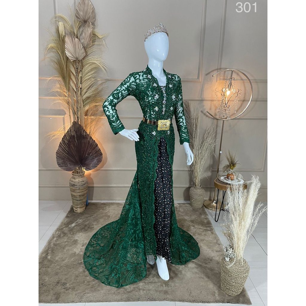Kebaya pengantin modern kutu baru hijau botol