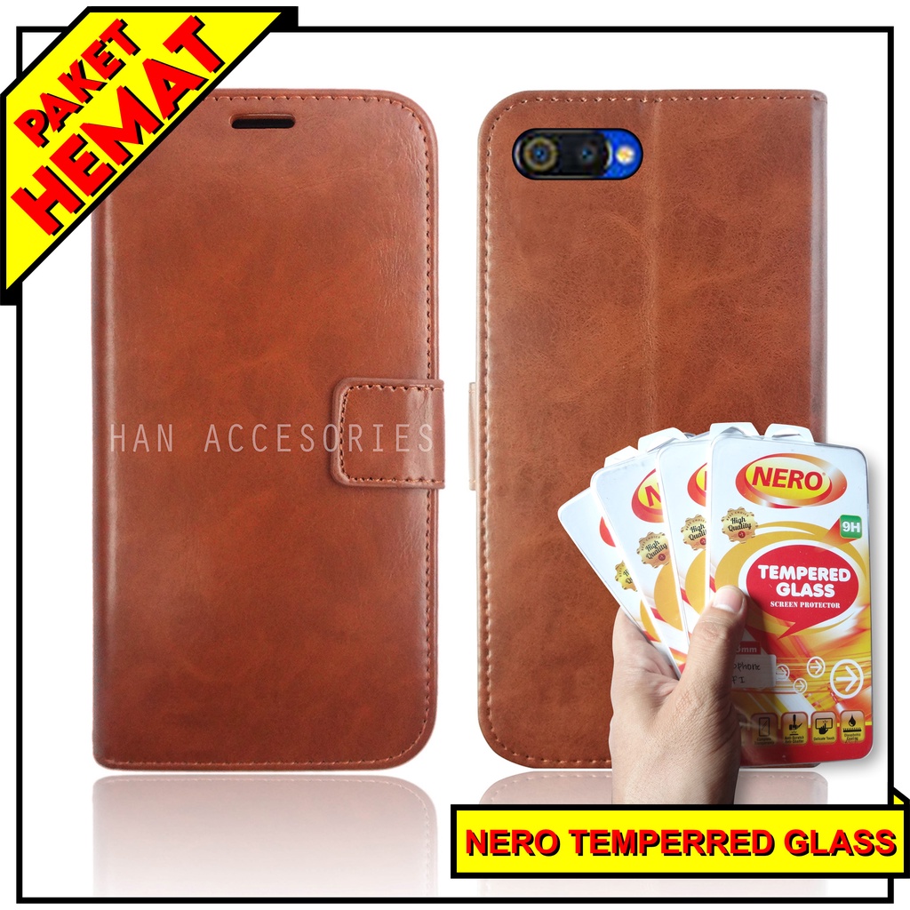 (PAKET HEMAT) Fashion Selular Flip Leather Case Realme C2 / OPPO A1K Flip Cover Wallet Case Flip Case + Nero Temperred Glass