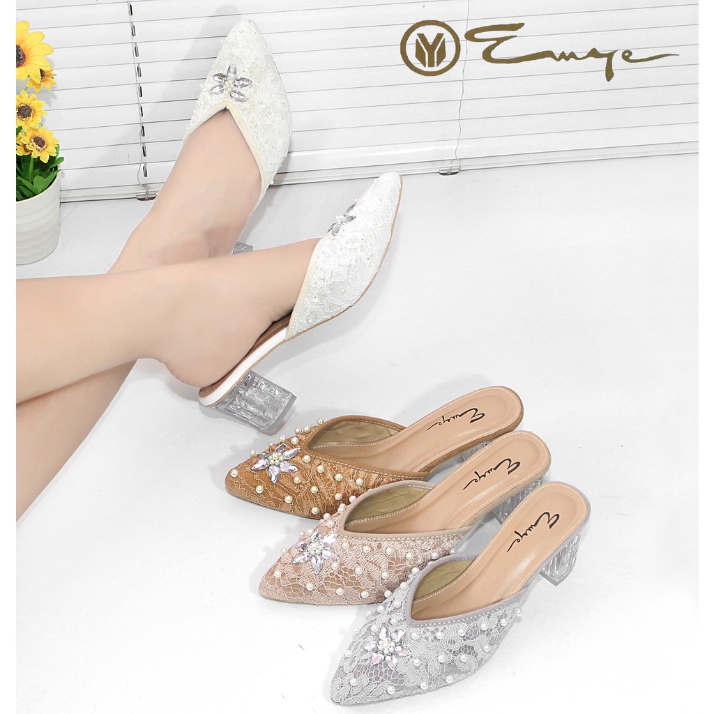 Emye Mote55 - Slop Brukat Payet Glitter Original Wanita Hak Kaca Murah/ Wedding Shoes Brukat Glitter Original/ Sepatu Wedding Brukat/ Sepatu Payet Brukat