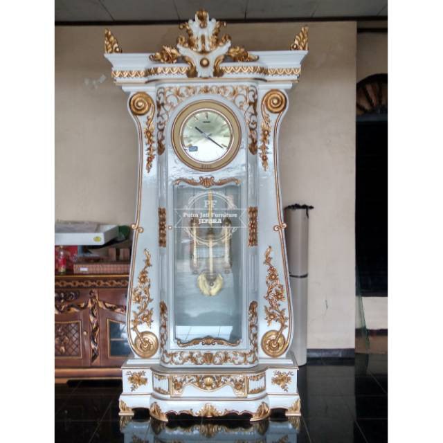 Jam Pajangan Ukir Mewah Warna Putih Duco Emas, Jam Lemari Hias Ukir Jepara Kayu Jati Free Ongkir
