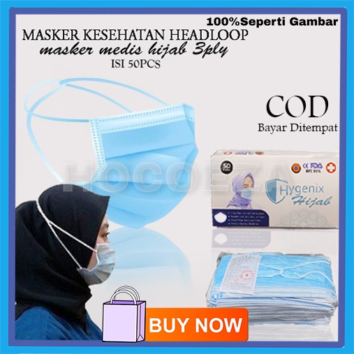 MASKER KESEHATAN MEDIS ANTI VIRUS DAN DEBU MASKER HIJAB HEADLOOP HYGENIX 3PLY KUALITAS TERBAIK VA246