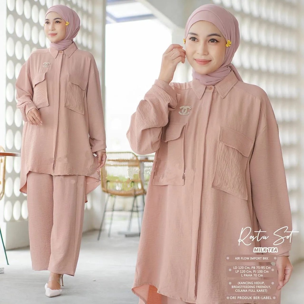 Stelan Kemeja Jumbo / One Set Hijab Atasan Kemeja Poket Depan Plus Celana Model Viral / Kemeja Set Oversize Daily Hijab Simple /   Outfit Gaya Korea One Set Setelan Wanita Korean Style Baju Wanita ala Selebgram Paket Ootd Hemat Fashionable  / RESTU SET