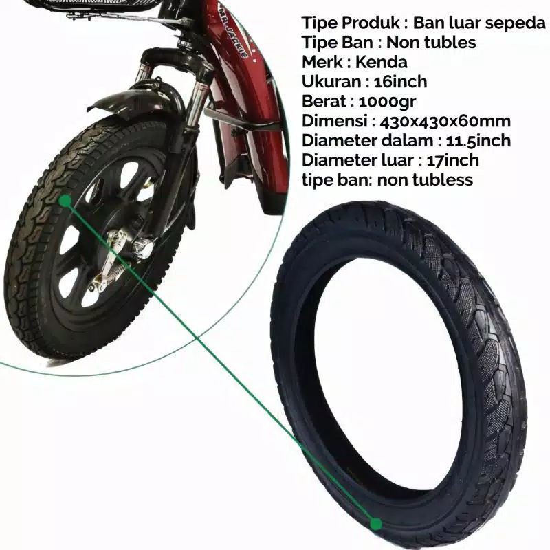 ban luar + dalam sepeda listrik ukuran 16" 16x2.50