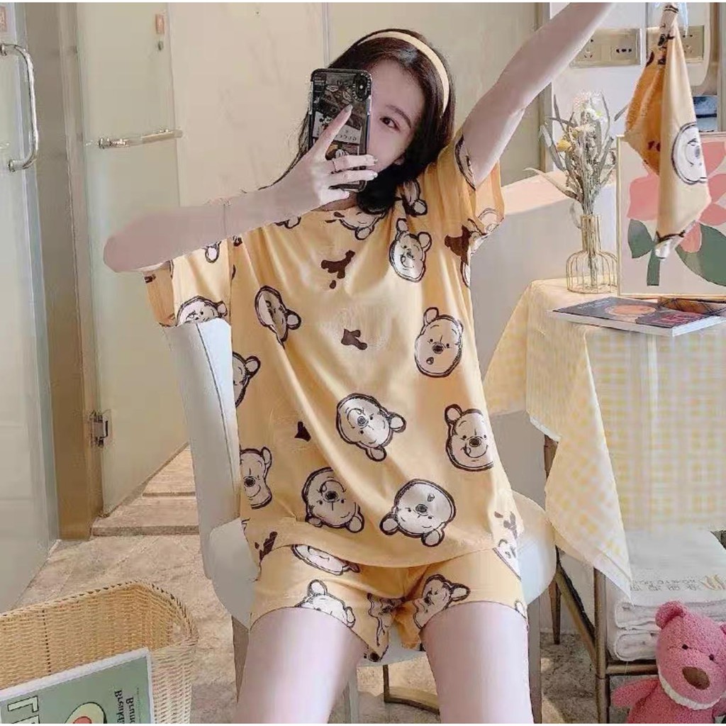 Baju Tidur Piyama Set/Piyama Wanita Import/Baju Piyama Pendek/Short Sleep Wear-K7-Kuning Bear