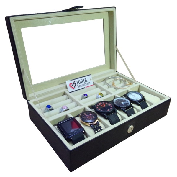 Kotak Tempat Jam Tangan Kombinasi Tempat Cincin | Watch Box Mix Ring Black Cream (Kualitas Super)