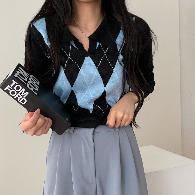 Sweater V Neck Ketupat Sido Rajut Atasan Wanita Korean