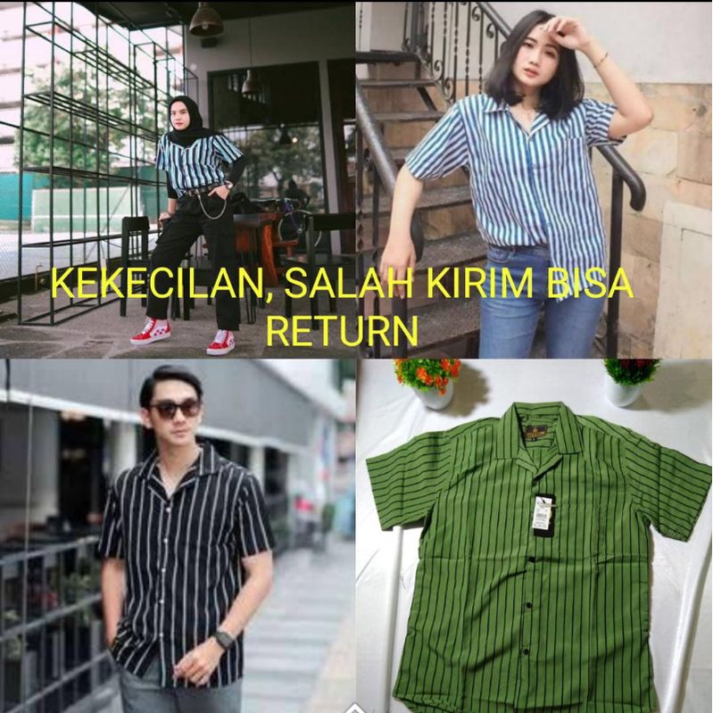 Kemeja Motif Salur Lengan Pendek Pria Wanita Unisex Hem Distro Surfing Santai Stripe Garis Zebra