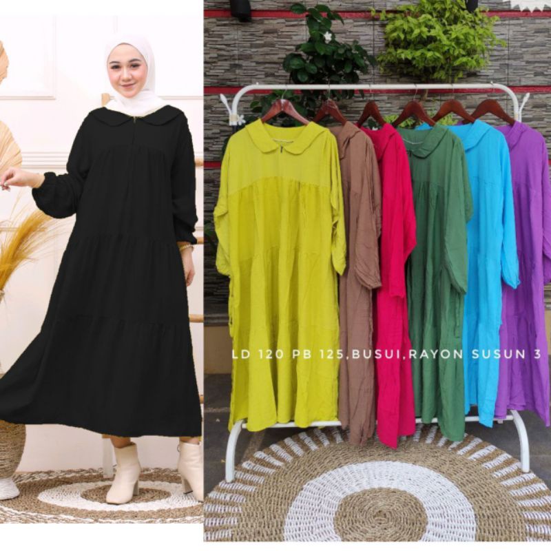 HSN MIDI DRESS NORAH JUMBO BIG SIZE LD 120 CM WARNA  FANTA MERAH HITAM KUNING HIJAU APEL BIRU MINT L