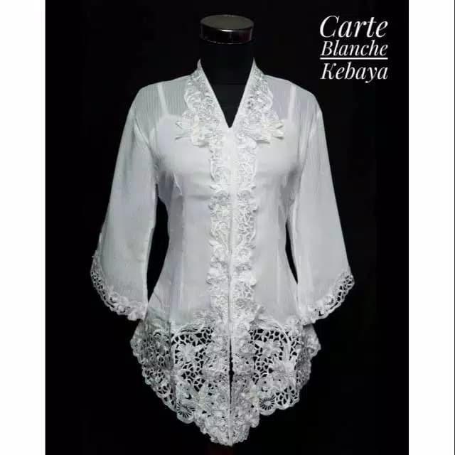 Dores Atasan Kebaya Encim Sari Sutera Wanita Kombinasi Brukat Bordir Import - Putih Polos, S